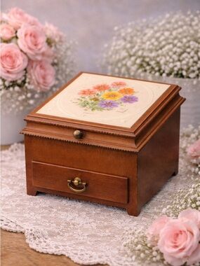 Vintage Signed GKG 1980 Jewelry Music Box Floral Tile Wood Storage